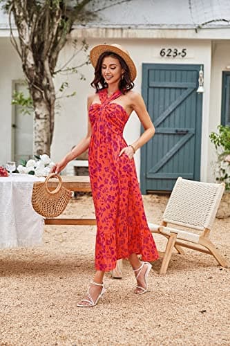 GRACE KARIN 2025 Summer Women's Criss Cross Halterneck Sleeveless Floral Print Flowy A Line Maxi Dress Orange Purple XXL - Thumbnail 3