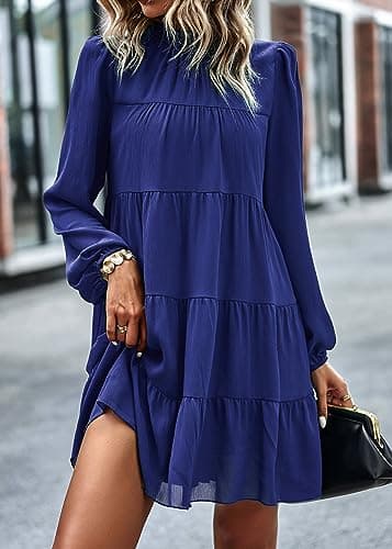 KIRUNDO Long Sleeve Baby Doll Dresses Women 2026 Casual Summer Fall Ruffle Mock Neck Tiered Mini Flowy Swing Shift Dress(Blue, Small) - Thumbnail 4