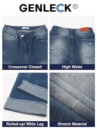 Genleck Wide Leg Cropped Jeans for Women Trendy High Waisted Crossover Boyfriend Jeans Mom Baggy Stretchy Denim (Blue, L) - Thumbnail 5