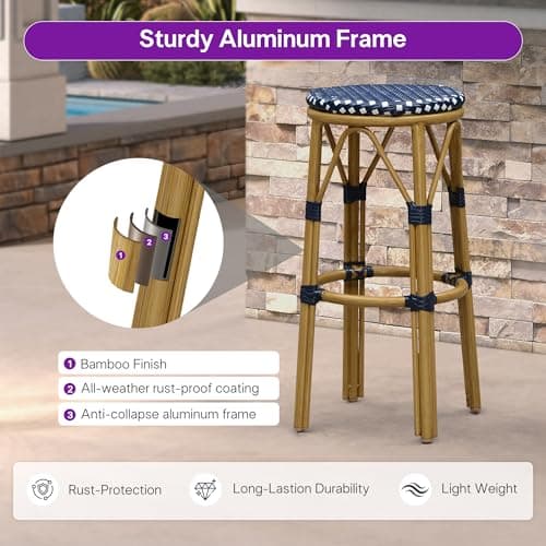 PURPLE LEAF Outdoor Bar Stool Rattan Bamboo Finish Indoor Bar Stools 2-Pack - Thumbnail 4
