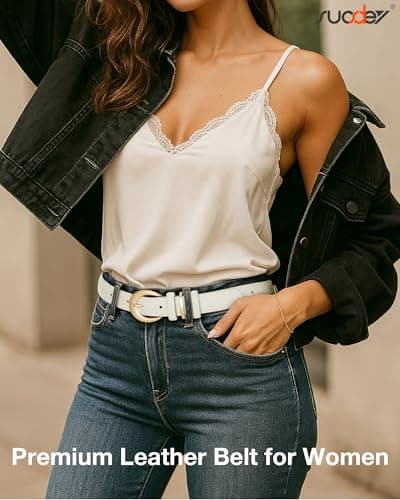 SUOSDEY Women Leather Belt for Jeans Pants Fashion Ladies Skinny Dress Waist Belt with Gold Buckle,0.9" Width,off-white belt - Thumbnail 2