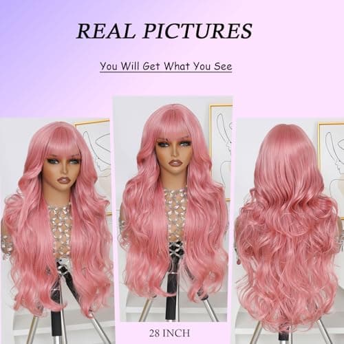 Barbique Synthetic Wig with Bangs, Pink Long Wavy Wig, Synthetic Hair, Heat Resistant Fiber, Natural Looking Glueless Ready to Wear for Work Party Daily Use Beginner Friendly - Thumbnail 4