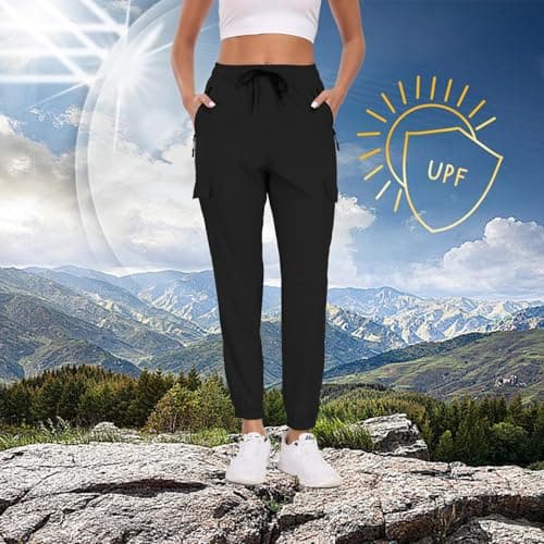 AGVNG Women Hiking Pants Waterproof Quick Dry Cargo Pants Joggers with Pockets Elastic Waist Drawstring UPF 50+ Lightweight Work Casual Travel Workout Black S - Thumbnail 3