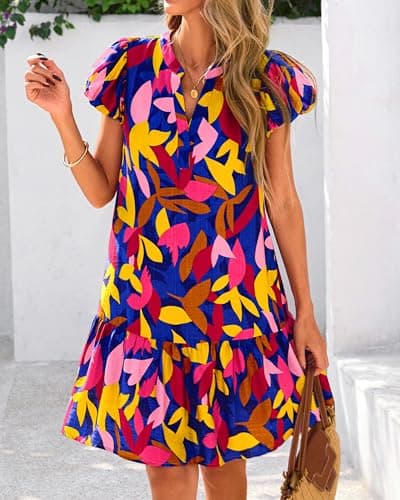 dowerme Womens Summer Dresses 2026 Puffy Sleeve V Neck Loose Floral Print A Line Boho Mini Babydoll Dress with Pockets(Blue Floral,X-Large) - Thumbnail 6