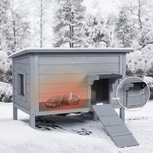 BRIOPAWS Outdoor-Cat-House-Insulated | Feral-Cat-Shelter for Winter | Weatherproof | Large Wooden Pet House for Multiple Cats | Foldable Ladder | Acrylic Side Window | Grey - Image 1