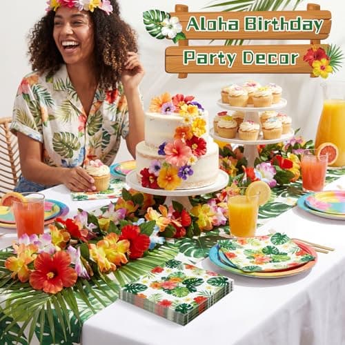 NatNarr 100pcs Hawaiian Napkins, 2-Ply Tropical Paper Napkins Disposable Luau Hibiscus Floral Cocktail Napkin for Aloha Birthday Decorations, Summer BBQ, Pool and Beach Party, 5 Inch - Thumbnail 5