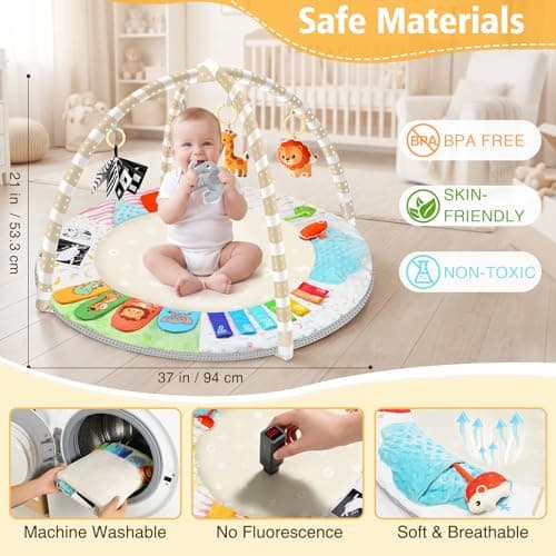 URMYWO Tummy Time Mat - Comfortable Baby Floor Play Mat Activity Gym for 0-3-6-18 Months, 6 Developmental Zones with 5 Detachable Toys for Motor Skills Sensory Development, Baby Essentials Shower Gift - Thumbnail 5