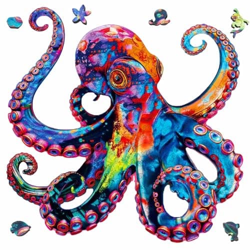 Wooden Puzzle for Adults, Colorful Octopus Jigsaw Puzzle for Adults 200 Piece, Unique Ocean Animal Shaped Wooden Puzzles, Challenging Cyber Octopus Wooden Jigsaw Puzzle for Kids Family Game 11 * 11in