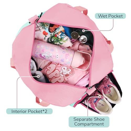 WOOMADA Travel Duffle Bag, Weekend Bag with Wet Pocket & Trolley Sleeve, Overnight Bag With Shoe Compartment, Fit for Sports Practice, Travel and Gifts(pink green) - Thumbnail 5