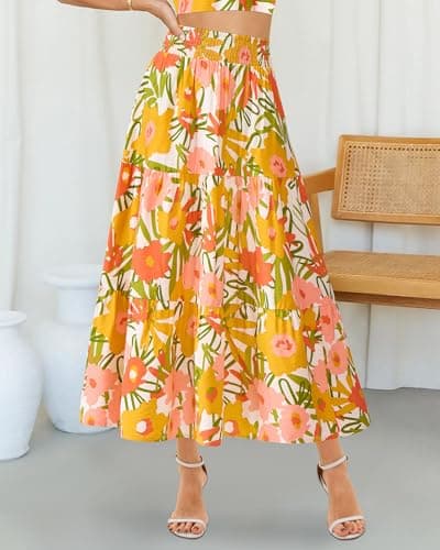BTFBM Skirts for Women Summer 2026 Floral Print A Line Elastic High Waist Boho Maxi Skirt Spring Fashion Clothing Pocket(Floral White Yellow, Medium) - Thumbnail 2