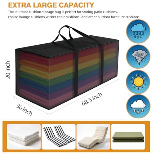 Extra Large Outdoor Cushion Storage Bag 68"L X 30"W X 20"H Waterproof Heavy Duty Big Patio Chair Cushion Storage Bag with Zipper and Handles for Backyard Pool, Black - Thumbnail 4