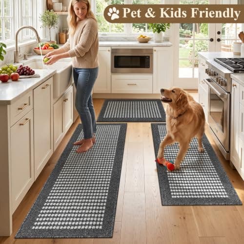 Ileading Kitchen Mat Sets 3 Piece Minimalist 3D Lattice Kitchen Floor Rugs with Non Slip Rubber Backing Machine Washable Farmhouse Runner Rugs for Laundry Hallway Doormat(Black) - Thumbnail 5
