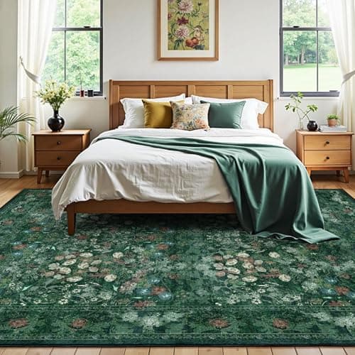 Green Dining Room Rugs for Under Table, Washable Boho Floral 6x9 Area Rug for Living Room, Bedroom, Nursery, Home Office - Vintage Distressed Low Pile Non Slip Carpet, French Country Art Deco Mat - Thumbnail 2