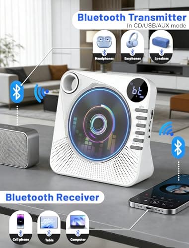 Portable CD Player with Bluetooth, 4000mAh Recheageable Desktop CD Players for Home, CD Music Player with Speakers,Remote Control,LCD Display, AUX, USB, Headphone Jack - Thumbnail 3