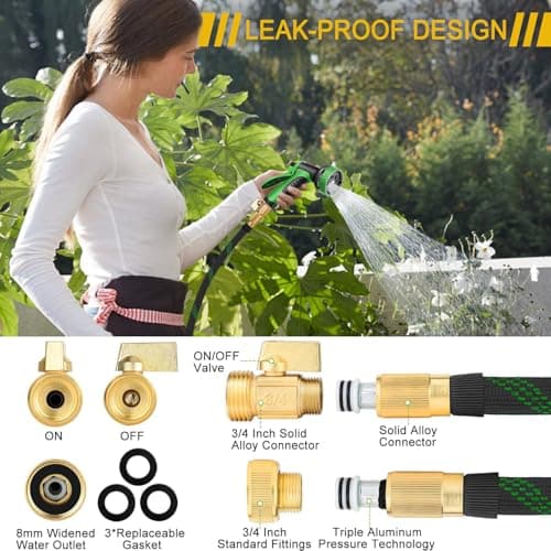 Garden Hose 25 ft, Leak Proof, Kink-Free Water Hose with 10 Function Spray Nozzle, Lightweight, Flexible, Fabric Portable Hose for Gardening, Green - Thumbnail 3