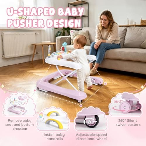 Baby Walker with Wheels, 5-in-1 Foldable Push Walker for Baby Girls 6-12 Months, Baby Walker & Bouncer Combo, Adjustable Height, Music Light Infant Activity Center Bouncer Walker(Pink) - Thumbnail 3