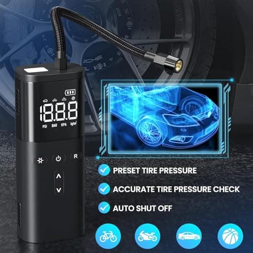 Tire Inflator Portable Air Compressor, Air Pump for Car Tires, Cordless Air Compressor 120 PSI - One Click Smart, Tire Pump for Car, Motorcycle, Bicycle, Balls, with Pressure Gauge, LED Light - Thumbnail 2
