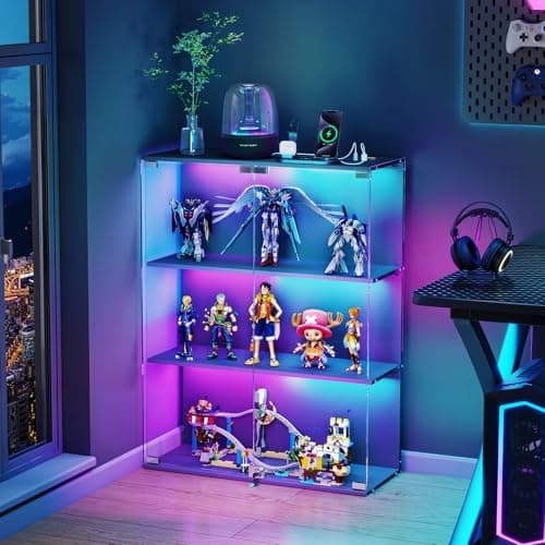 VersionTECH. Glass Display Cabinet with RGB LED Lights, Full-View Display, 3-Tier Display Case with Glass Doors for Collectibles, Cabinets with Lock, Human Sensor, Charging Station, Black - Image 1
