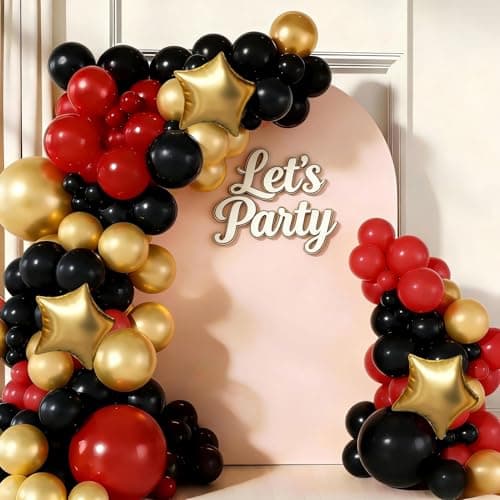 Red Black Gold Balloon Garland Arch Kit, 156Pcs Red Black and Gold Latex Balloons with Star Foil Balloons for Anniversary Casino Night Hollywood New Years Movie Night Prom Birthday Party Decorations - Image 1