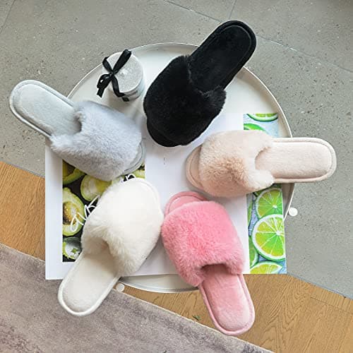 Parlovable Women's Faux Fur Slippers Fuzzy Flat Spa Fluffy Open Toe House Shoes Indoor Outdoor Slip on Memory Foam Slide Sandals Grey 9-10 - Thumbnail 6