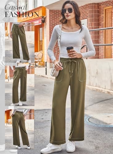 Dokotoo Wide Leg Pants for Women Fashion Business Casual Spring Outfits Baggy Elastic High Waisted Palazzo Pants for Women Loose Soft Breathable Drawstring Trousers with Pockets Jungle Green X-Large - Thumbnail 4