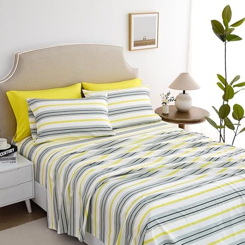 Spirit Linen home Full Size Bed Sheets Set Deep Pockets - 6PC Striped Ultra Soft Microfiber Bed Sheets - Easy to Clean, 90 Thread Count Sheets Includes 1 Fitted, 1 Flat, 2 Pillowcases (Grey/Yellow) - Thumbnail 3