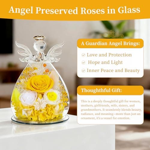 Puppiluv Preserved Rose Gifts for Women, Forever Flowers Eternal Roses in Glass Angel Figurines, Fresh Flowers for Delivery Prime, Birthday Gifts for Mom Her Wife Grandma on Anniversary, Yellow - Thumbnail 4