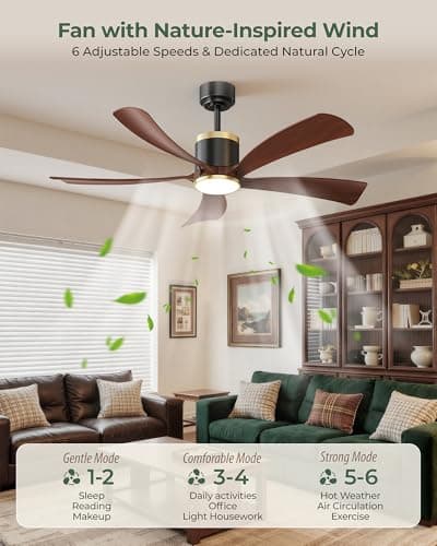 BLNAN 52" Premium Walnut Solid Wood Ceiling Fan with Light - Whisper-Quiet DC Motor, 6 Speeds, 3000K-6000K Dimmable LED, Remote Control with Timer, 2 Downrods for Indoor/Outdoor, A++ Energy Saving - Thumbnail 4