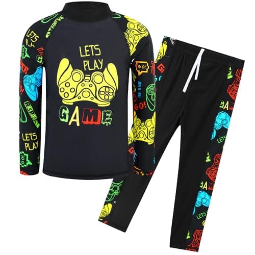 TFJH E Boys Rash Guard Sets UV 50+ 2PCS Long Sleeve Athletic Technical Swimsuits 5T 6T Black Game 116/122 - Image 1