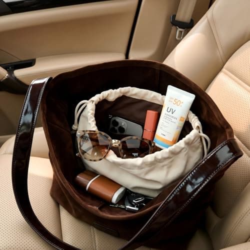 VLFMK Faux Suede Tote Bag for Women, 2-in-1 Minimalist Shoulder Bag with Internal Pouch, Large Slouchy Vegan Leather Purse with unadjustable wide strap for Work and Commute - Thumbnail 3