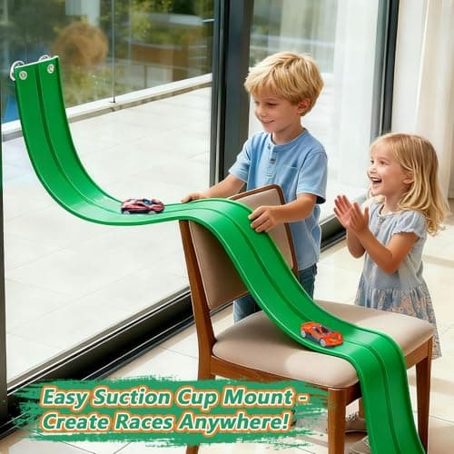 Flexible Race Track for Kids 15ft, FALDAA Toddler Car Tracks Compatible with Hot Wheels 1/64 Scale, Flextrack with 6 Cars and 6 Suction Cups, Portable Toy Car Ramp Sets for 3 Year Old+ - Thumbnail 3
