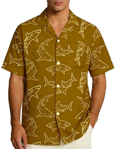 EoBeKee Men's Hawaiian Shirt Short Sleeve Button Down, Shark Print Tropical Beach Shirts Casual Summer Vacation Tops - Image 1