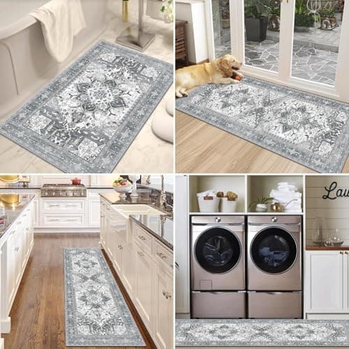 Yamaziot Boho Washable Kitchen Rugs Sets of 3, Non Slip Kitchen Mats for Floor with Rubber Backing, Waterproof & Stain Resistant Thick Carpet Runner Throw Rugs for Kitchen, Laundry Room, Hallway, Grey - Thumbnail 6