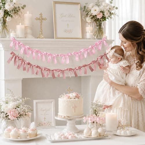 Pink Bow Garland Banner Coquette Birthday Party Decorations, 5.9FT Satin Bow Banner Decorations for Baptism Gift Daughter Nursery Baby Bridal Shower Wedding Favors Engagement Party Supplies - Thumbnail 6