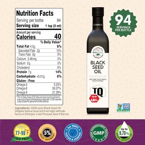 BioNatal Ethiopian Black Seed Oil – Cold Pressed Nigella Sativa Producing Black Cumin Seed Oil, Unrefined & Non-Filtered, High TQ Up to 4.64% – Supports Immune System, Digestion & Joints 16oz Glass - Thumbnail 2
