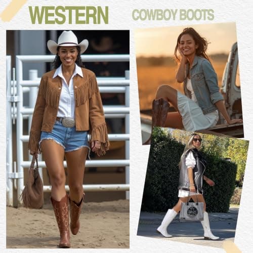 Jeossy Women's Whisky Red Brown Cowboy Boots Embroided Western Cowgirl Boots Round Toe Knee High Pull on Wide Calf Shoes with Inside Zipper Size 10 (DJY9809 whisky 10) - Thumbnail 2