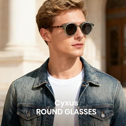 Cyxus Clip On Blue Light Blocking Glasses for Men Women, Round TR90 Metal Frame Eyeglasses with TAC Sunglasses Lens, UV Protection P1341B31 - Thumbnail 2