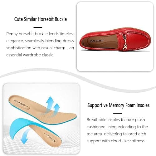 BEAUSEEN Women's Buckles Penny Loafer with Dressy Comfortable Slip-on Flat Shoes for Office Work Walking Red,10.5 US - Thumbnail 5
