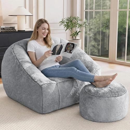 lilanoon Bean Bag Chairs with Ottoman for Adults, Comfy Beanbag Chair with High-Resilience Foam, Oversized Bean Bag Sofa with Soft Faux Fur Fabric, Bean Bag Chair for Living Room,Bedroom,Light Grey - Thumbnail 4