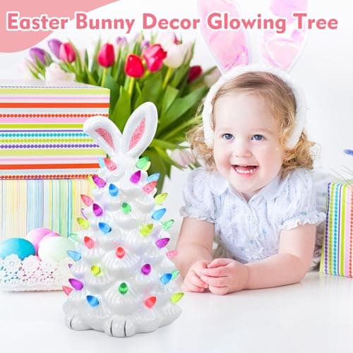 GARKALY Light up Easter Bunny Decor Glowing Tree, Cute Ceramic Tree Bunny Decorations for The Home Indoor Bedroom Office Decor Tabletop, Easter Night Light for Kids Gifts (White) - Thumbnail 6