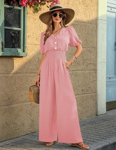 LOOKBOHO Womens Jumpsuits Dressy Puff Smocked High Waist Short Sleeves Wide Leg Rompers Formal V Neck One Piece Pink XXL - Thumbnail 6