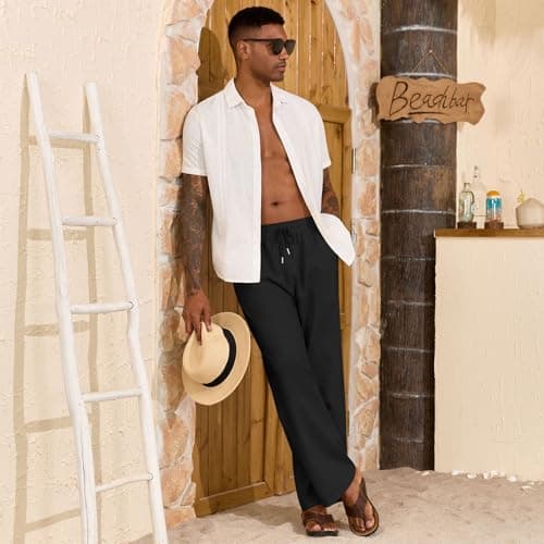 ZAFUL Men's Linen Casual Pants - Elastic Waist Drawstring Lightweight with Pockets for Summer Beach A-Black - Thumbnail 5