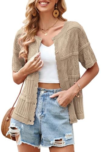 ECOWISH Summer Crochet Cardigans for Women: 2026 Lightweight Short Sleeve Crewneck Button Down Cropped Casual Sweater Tops 440 Khaki 2XL - Image 1