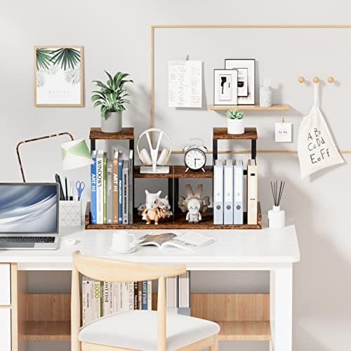Gannyfer Office Decor Desk Shelf Organizer - Wood Desktop Shelf, Freestanding Desk Hutch, 3 Tier Storage Display Rack, Small Bookshelf with Metal Frame for Books/Plants/Toys (Rustic Brown Black) - Thumbnail 6