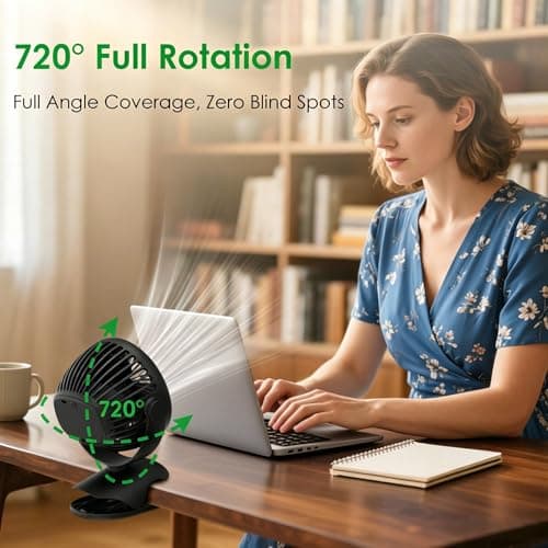 Minthouz Clip on Fan, 8000mAh USB-C Rechargeable Small Desk Fan, 4-Speed 720° Rotation Personal Mini Clip Fan, Portable Mount Fan for Office, Treadmill, Golf Cart, Stroller, Camping & Travel - Thumbnail 3