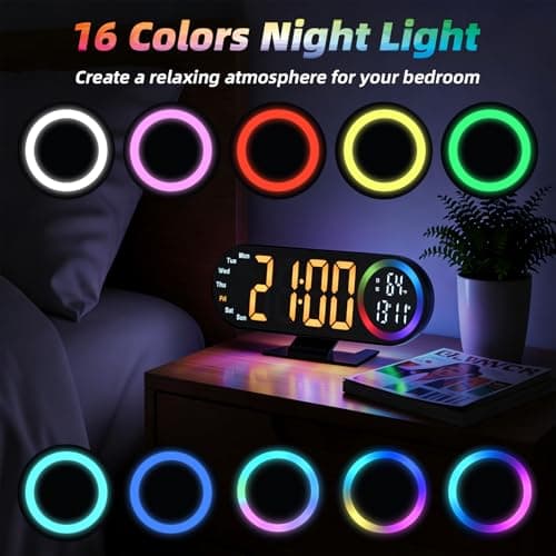 Electime Digital Alarm Clocks with 16 Night Light, Loud Alarm Clock for Heavy Sleepers Adults Teens Kids Seniors, 3 Brightness 2 Alarm Mirror and LED Big Display Clocks for Bedside, Desk - Thumbnail 2