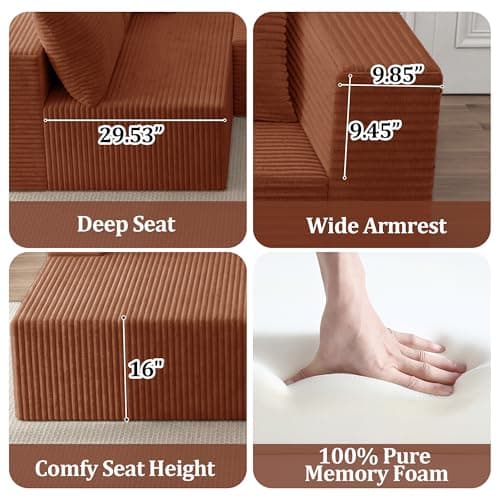 108" Modular Sectional Sofa, L-Shaped Cloud Couch with Deep Seats & Chaise, Convertible 4-in-1 Corduroy Boneless Couches for Living Room, Bedroom, No-Assembly - Brown - Thumbnail 6