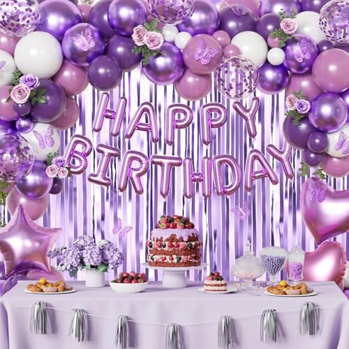 Purple Birthday Decorations for Women Girls, Metallic Dark Dusty Purple White Purple Foil Confetti Balloons Happy birthday Banner Purple Butterfly Fringe Curtains Birthday Decorations - Thumbnail 4
