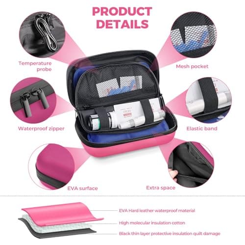 RecoverJoy TSA Approved Insulin Cooler Travel Case Diabetic Medication Bag With Thermometer Temperature Display Medication Diabetic Cooler Travel Medicine Organizer Bag for women & 2 Ice Pack-Rose red - Thumbnail 4