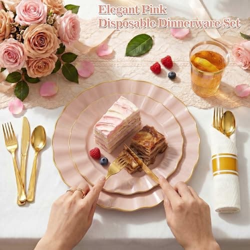 Glowserve Pre-Rolled Scalloped Pink Plastic Plates Dinnerware Set 175 PCS - Thumbnail 2